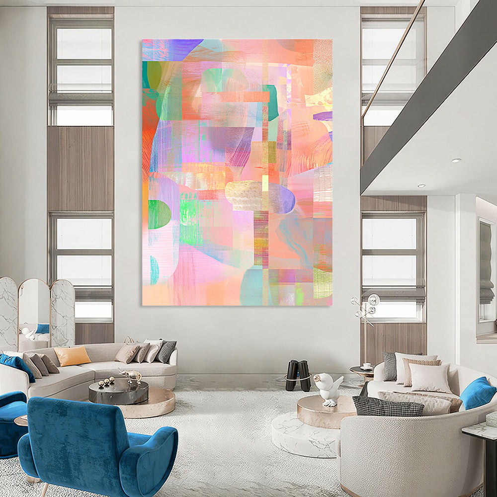 Large abstract illustration featuring a collage of shapes and patterns in pastel pink green orange blue and purple tones.STSC561