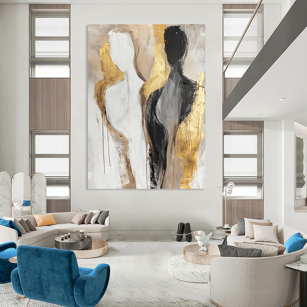 Large abstract painting featuring neutral tones and gold accents with female bodies in a minimalistic design and soft brush strokes.STSC441