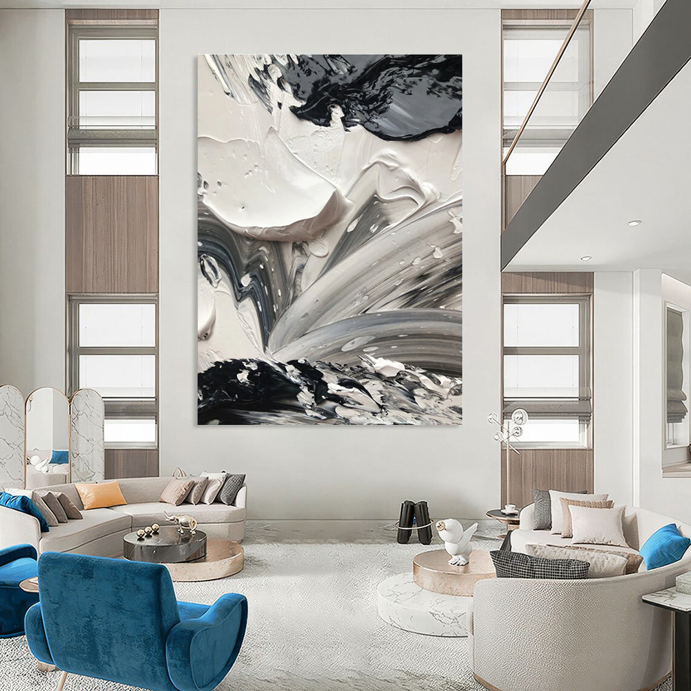 Black and White Impasto Abstract Painting with Dynamic Textures ADGE440
