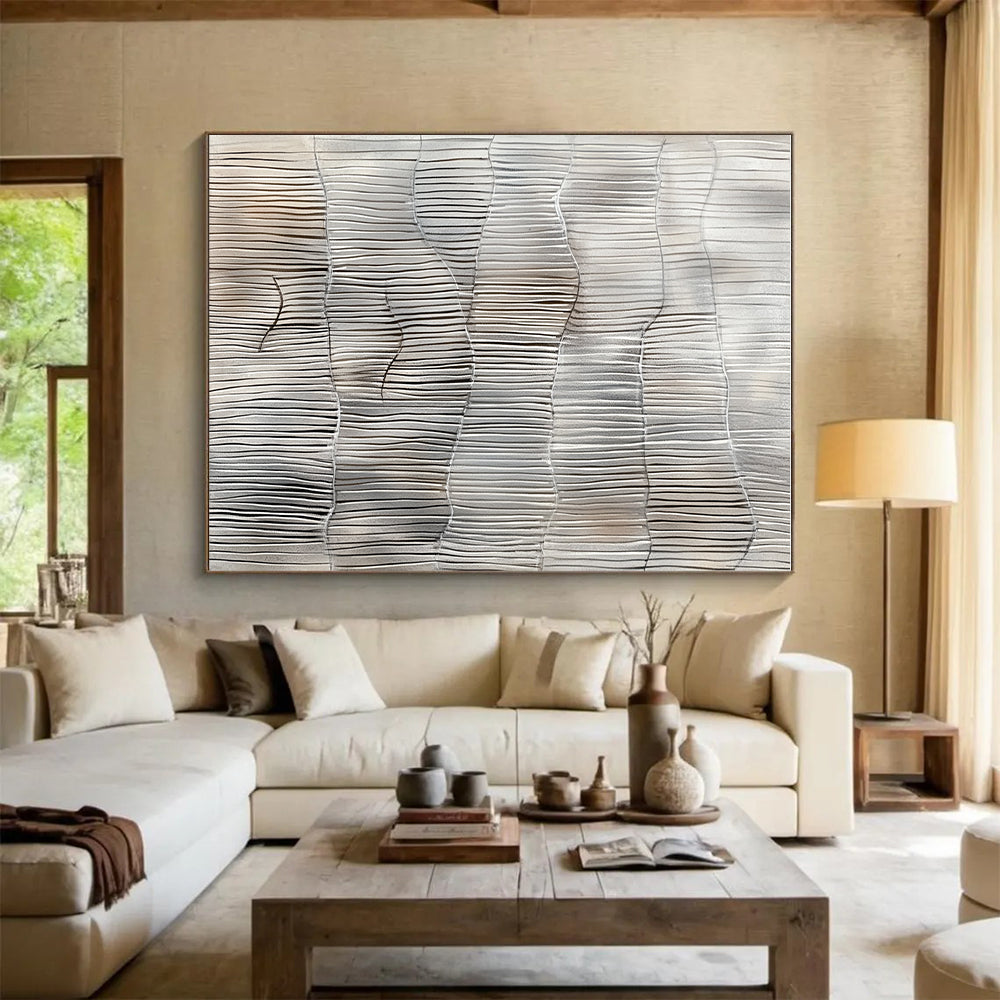 Gray and White Line Abstract Painting with Wavy Rhythms GER105