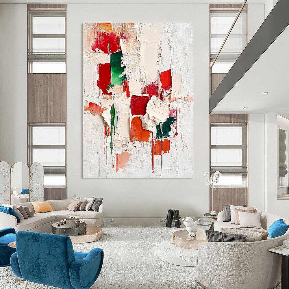 Large abstract painting with red green and white impasto textures showcasing intricate cityscape patterns on an off-white background.STSC327