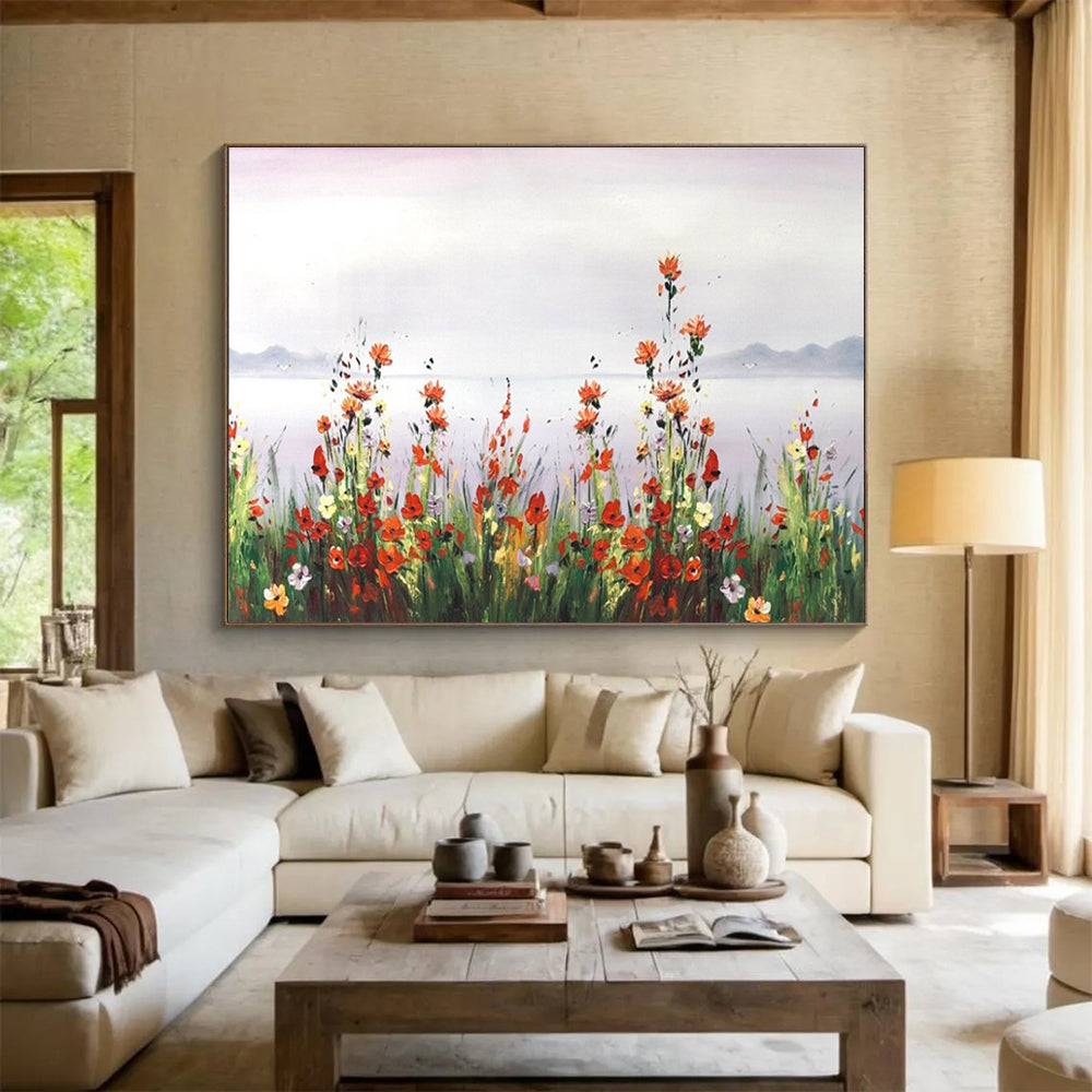 Wildflower Lake Abstract Painting with Red, Yellow, White, and Green Tones THY189