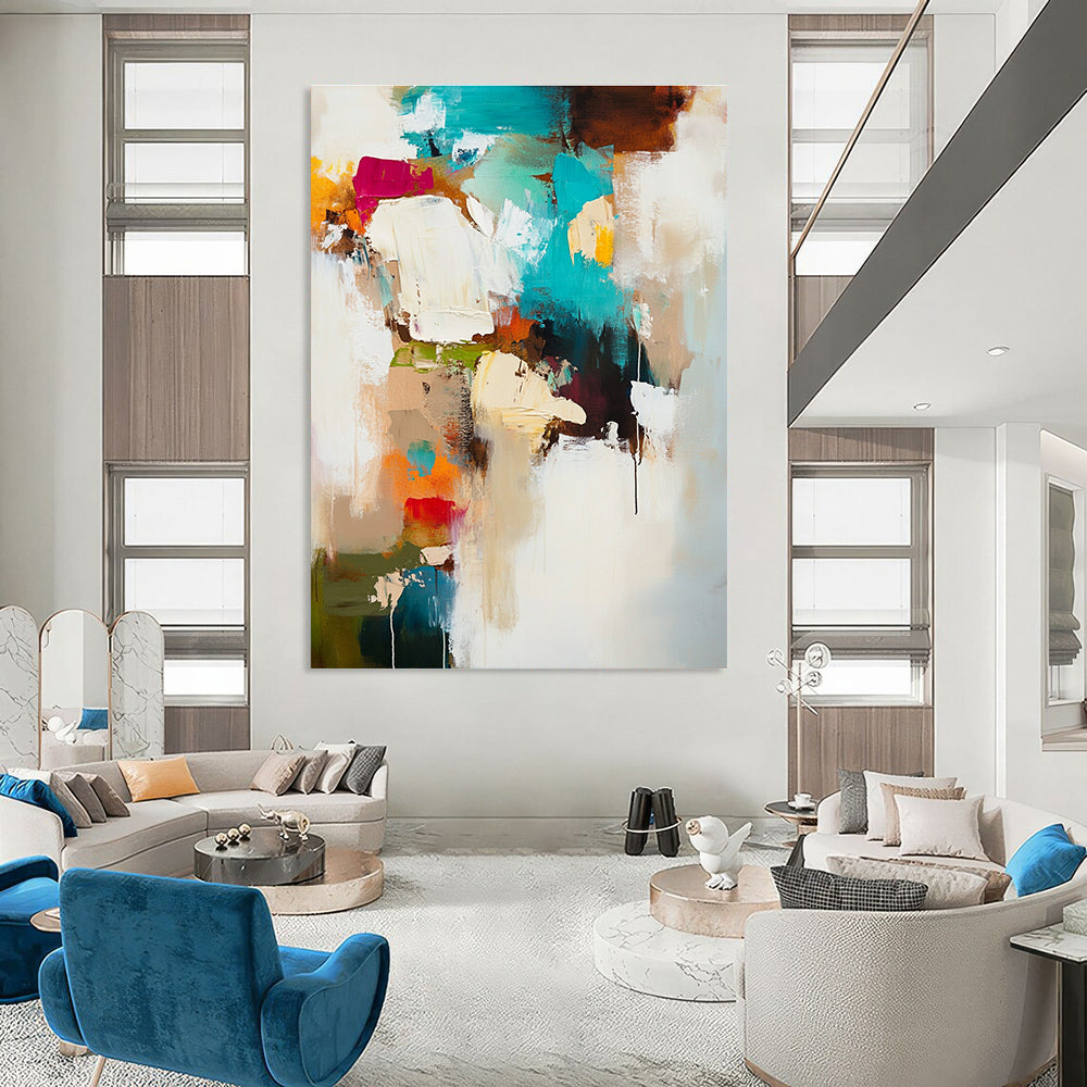 Large abstract painting in soft white and beige tones accented with teal brown and warm colors creating a moody dreamy atmosphere.STSC812