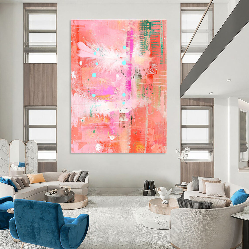 Large abstract painting featuring pastel pinks and reds with feathers dots and lines in a mixed media collage style on a textured pink background.STSC455