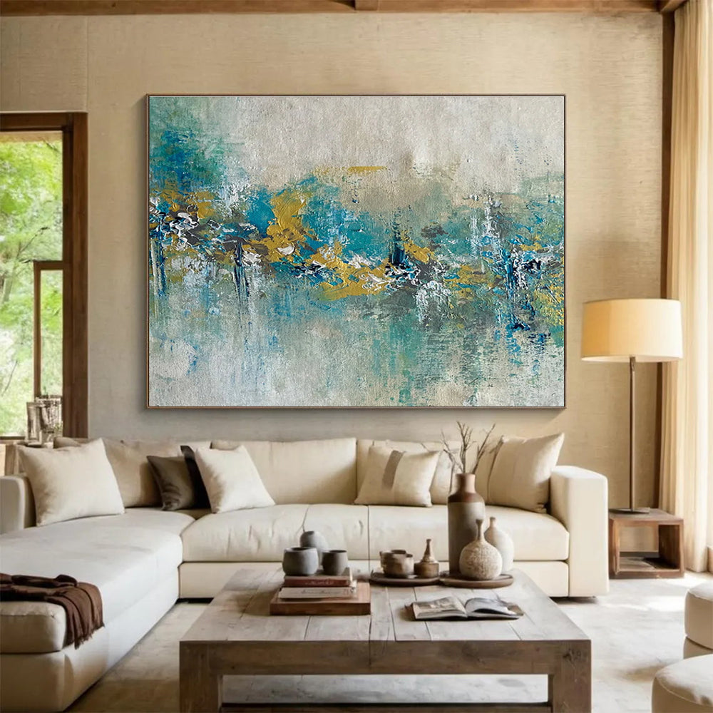 Teal Gold Abstract Painting with Nature - Inspired Shapes THY342