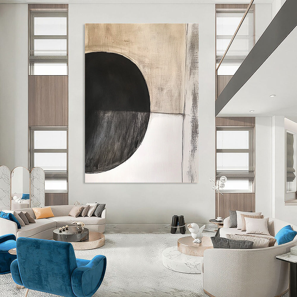 Large abstract painting featuring an oval black circle with dark grey texture on beige textured background by Peter Cresely.STSC664