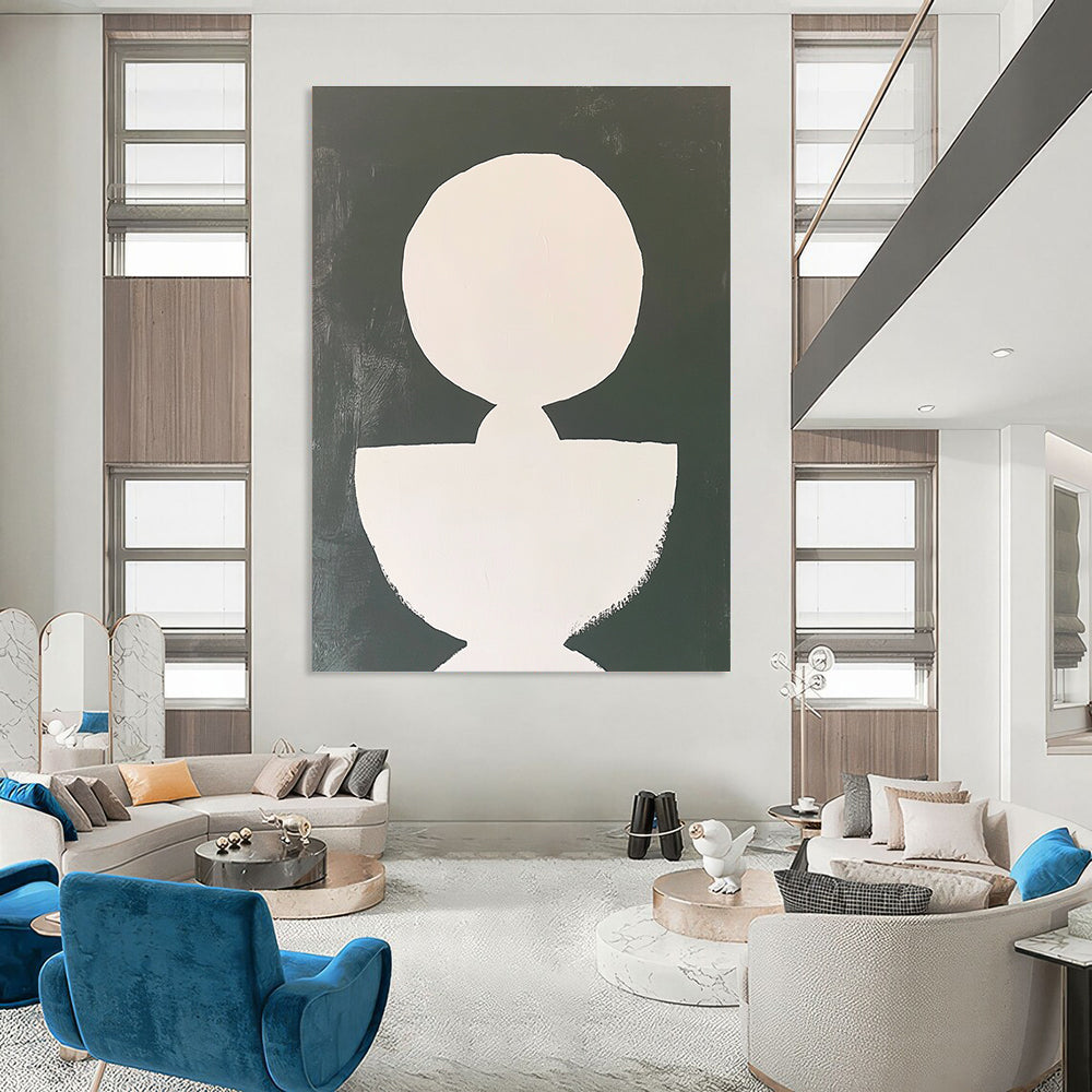 Large abstract painting featuring a white circle and an irregular shape connected by lines on a minimalist background with simple brushstrokes.STSC1250