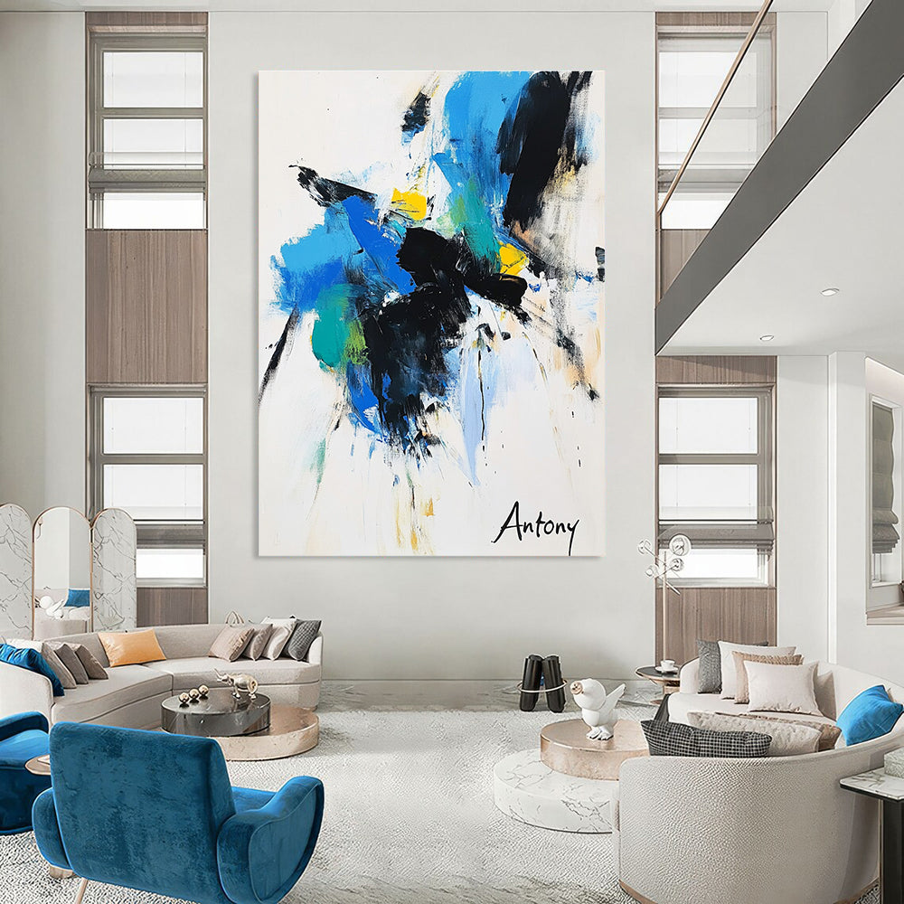 Abstract painting features bold black brush strokes with blue green and yellow accents on a white background with Antony elegantly displayed in large letters.STSC039