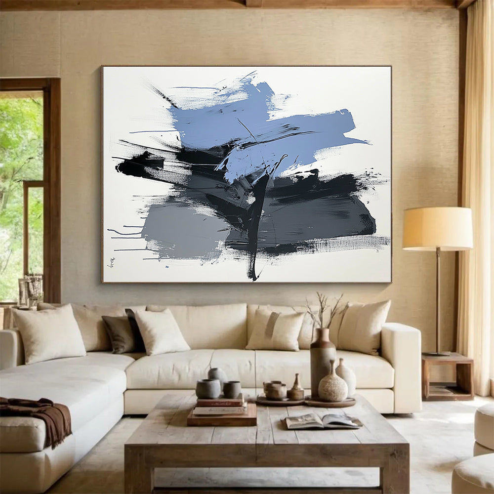 Blue Gray Black Abstract Painting with Minimalist Energy GER517