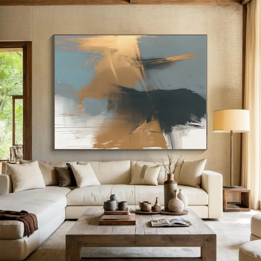 Gray Gold Abstract Painting with Fluid Brushstrokes GER780