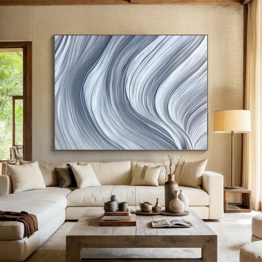 Gray and White Wave Abstract Painting with Flowing Textures GER075