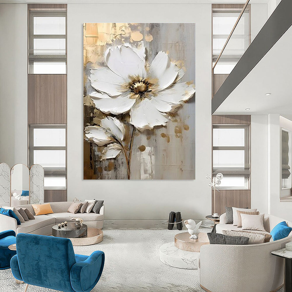 White Flower Textured Abstract Painting with Gold Accents ADGE300
