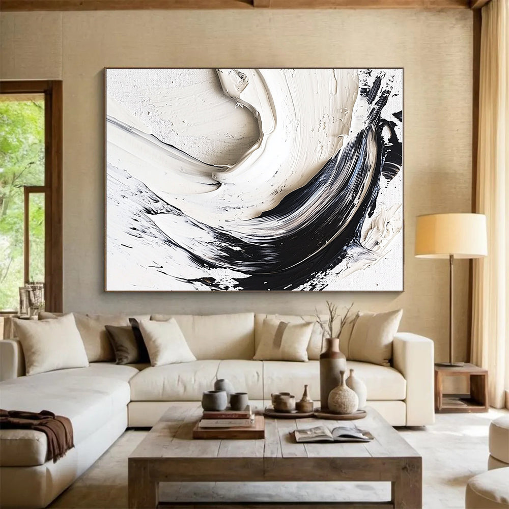 Black White Abstract Painting with Textured Swirls GER737
