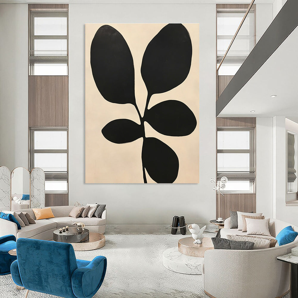 Large abstract painting featuring minimalist black and white shapes resembling leaves inspired by Henri Matisse's style.STSC1078