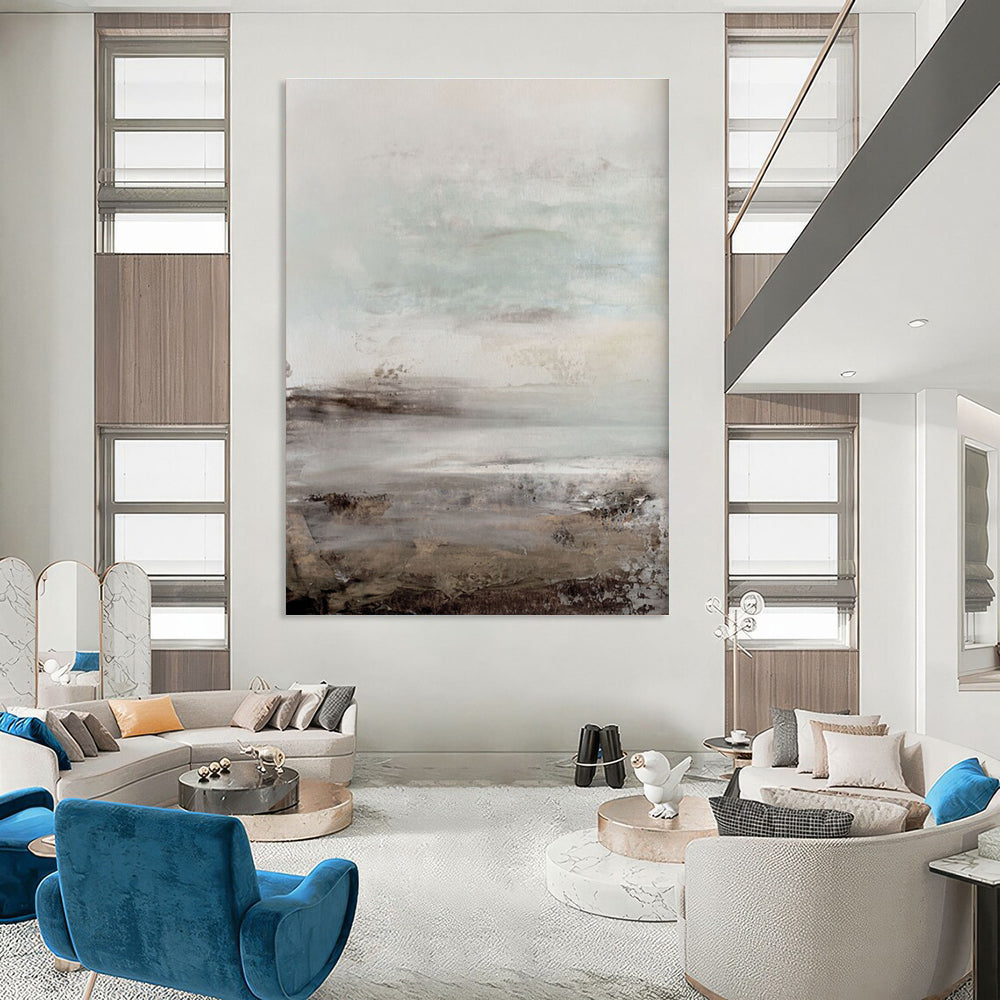 Misty Coastal Abstract with Soft Gray and Blue Tones Painting ADGE153