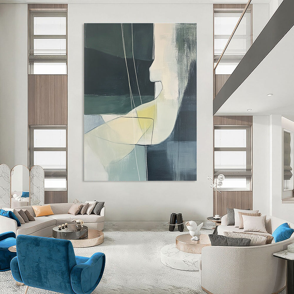 Large abstract painting featuring a woman's body in soft green and grey tones with white lines and yellow details on a black background.STSC672