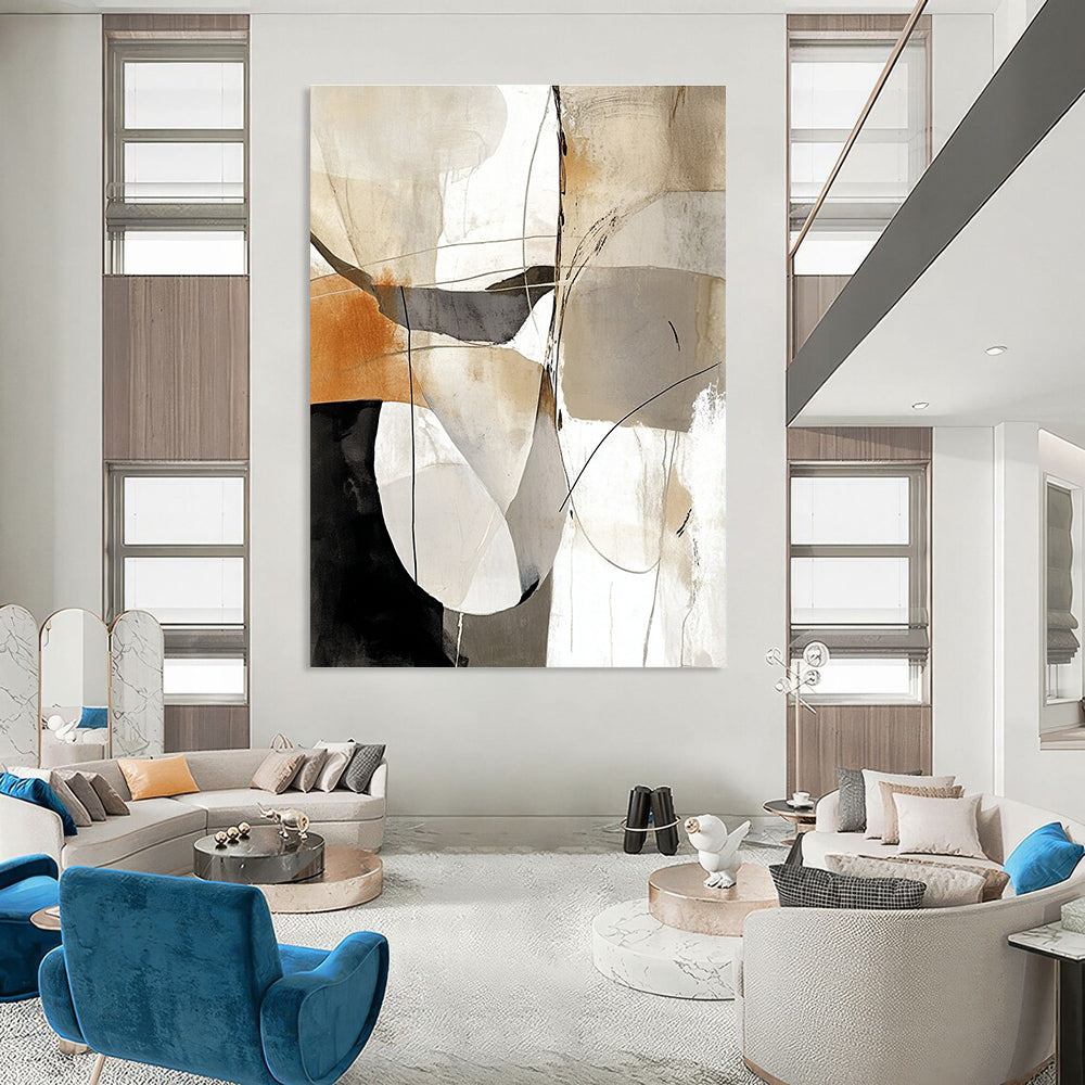 Large abstract painting featuring white black gray and beige lines with brown and light orange accents on a clean white background.STSC438
