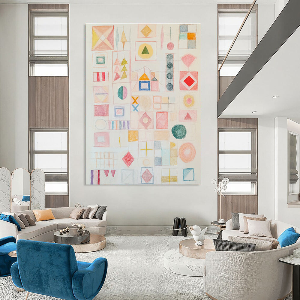 A large abstract artwork featuring soft pastel shapes and symbols in light pink with a calm atmosphere and inviting texture.STSC1206