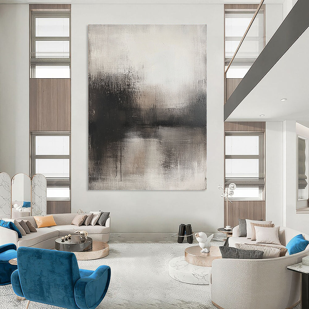 Large abstract painting with faded gray tones minimalist style and a weathered surface in a neutral color palette.STSC085