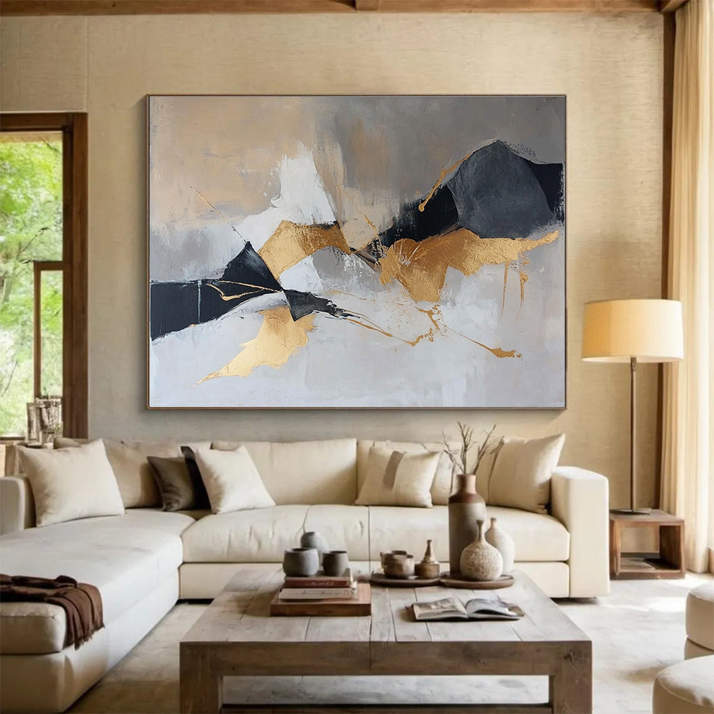 Gold and Gray Abstract Painting with Dynamic Shapes DYP275