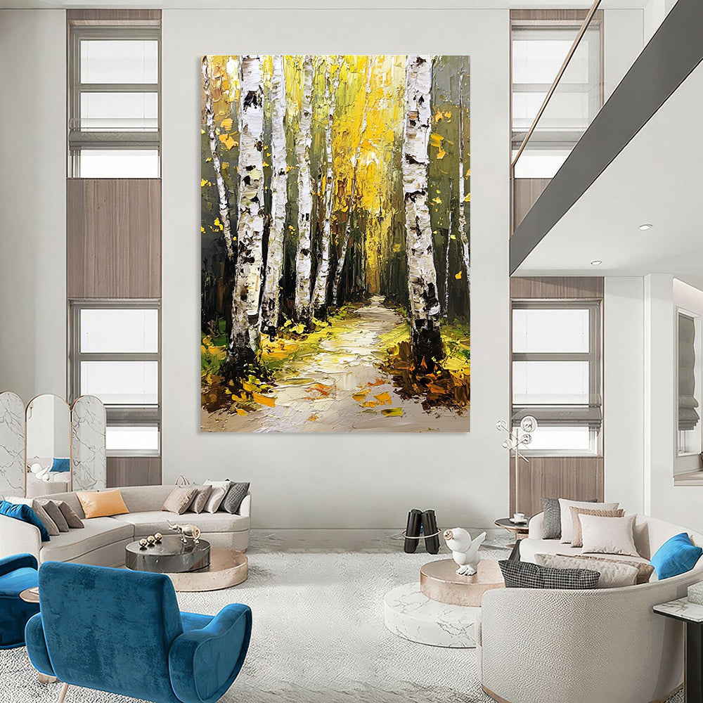 Abstract painting of a birch forest with green and yellow leaves thick white bark trees and a path illuminated by light.STSC1272