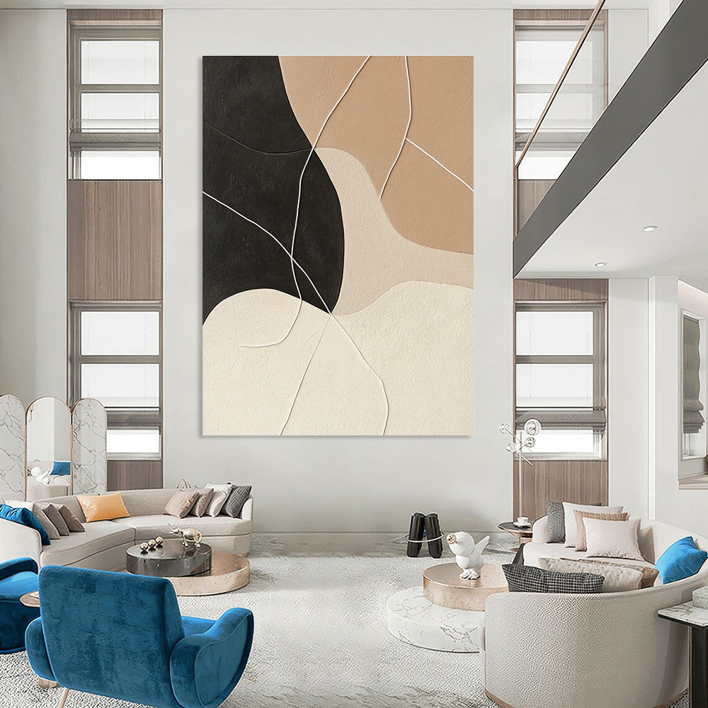 Large abstract painting in beige and black with interconnected white strings for a striking and modern artistic statement.STSC468