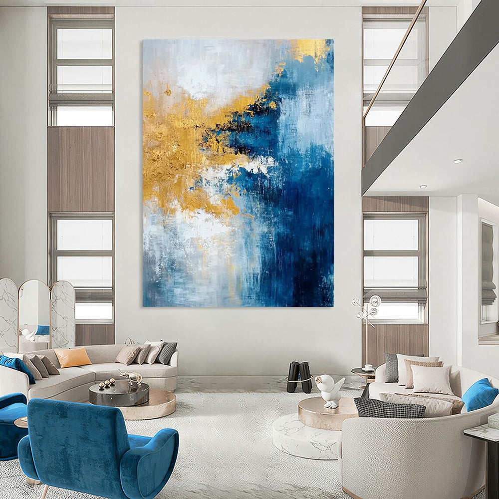 Blue and Gold Abstract Painting with Expressive Brushstrokes ADGE062