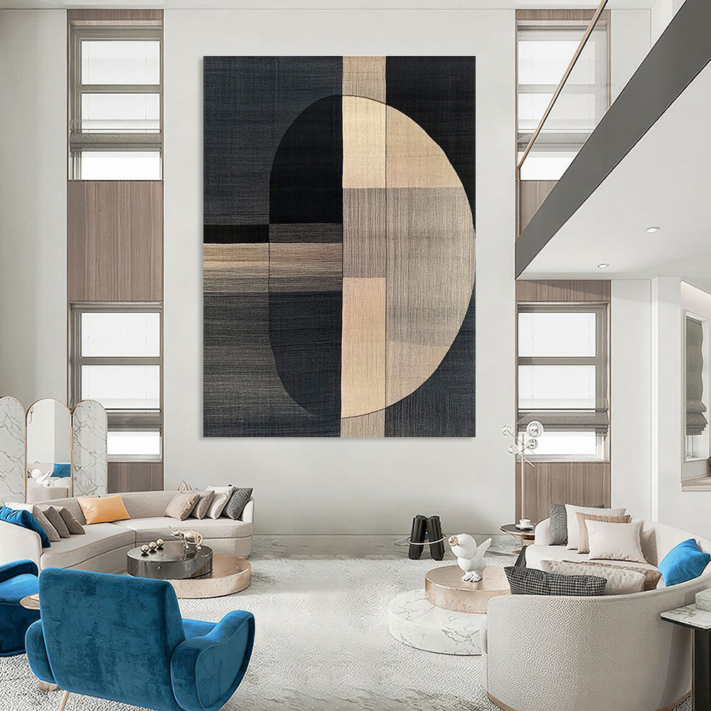 Abstract carpet design inspired by Picasso showcasing dark gray and beige in a modern art style with simple shapes and black lines.STSC1060