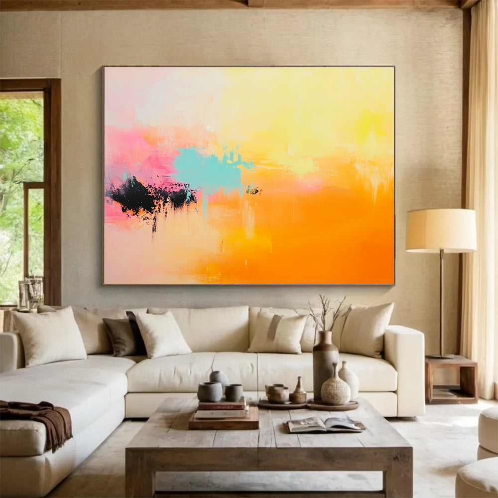 Large abstract painting featuring soft hues of light yellow, pink, orange, and turquoise for a serene and uplifting atmosphere.SC254