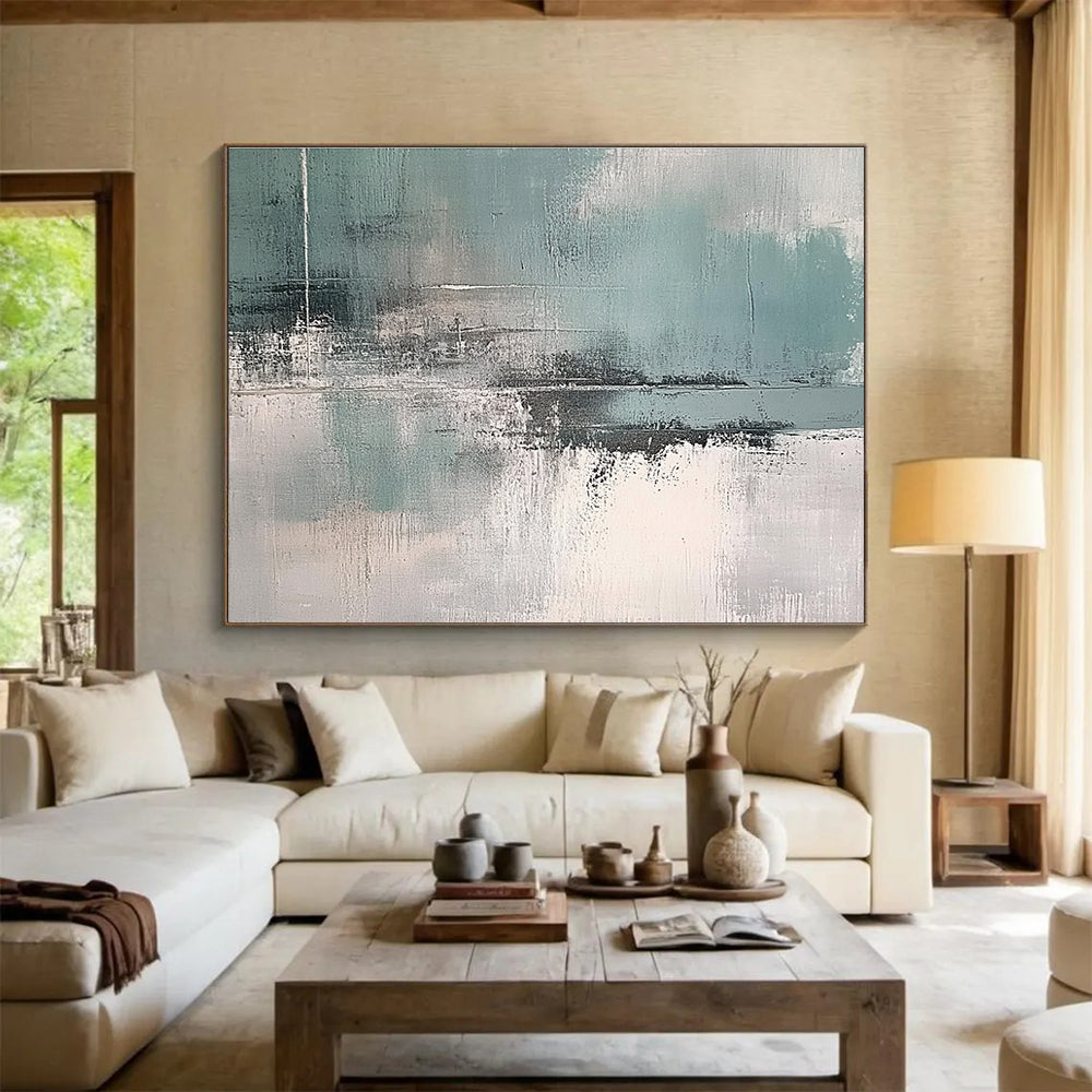 Large abstract art painting featuring muted teal grey and white colors for a sophisticated touch in any space.SC296
