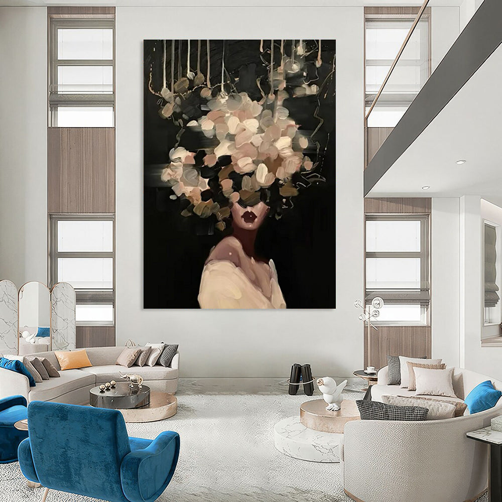Blush Flower Head Woman Abstract Painting on Dark Background ADGE326
