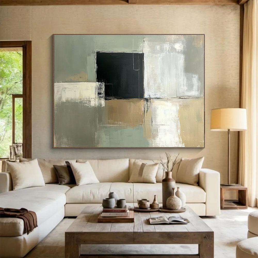 Large abstract painting featuring a pale green and white color scheme with a central black square and simple lines on a grey background.SC210