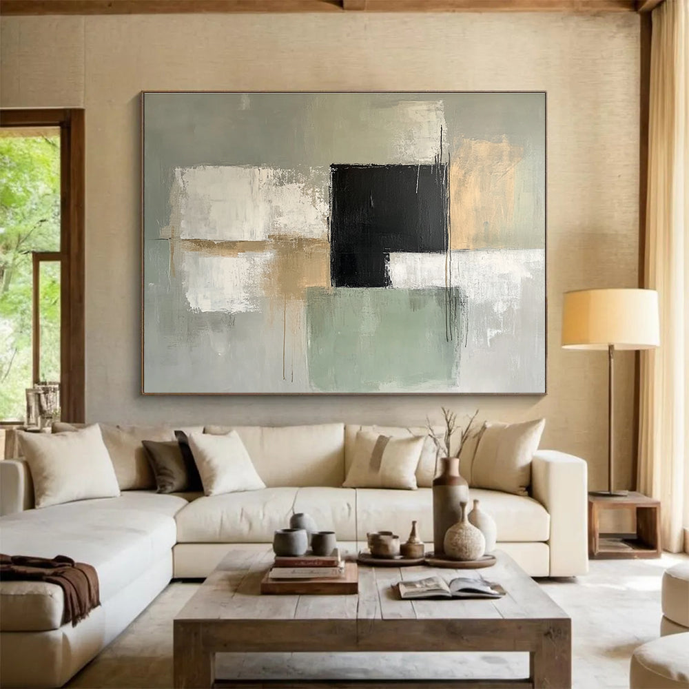 Gray and Green Abstract Painting with Geometric Forms DYP369