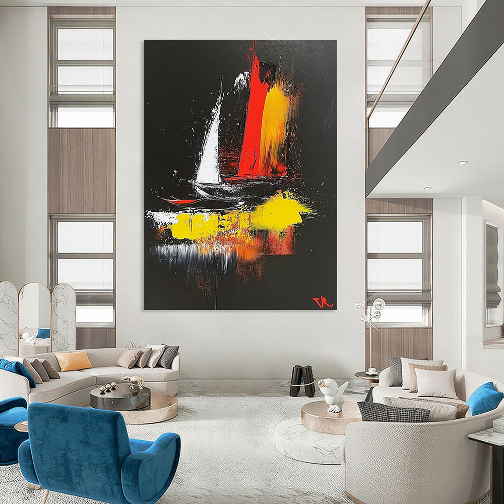 Abstract painting on a black background featuring dynamic red yellow white and black shapes evoking a sailing boat in the wind inspired by Zao Wou-Ki.STSC390