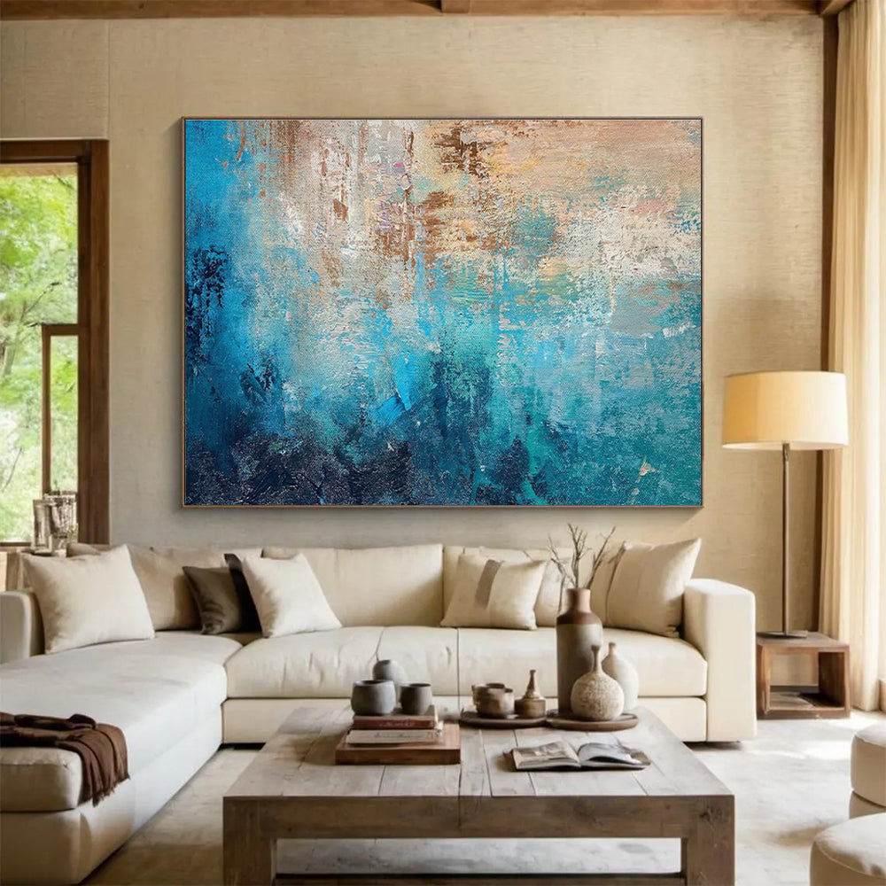 Blue Brown Abstract Painting with Coastal, Calming Vibes THY374