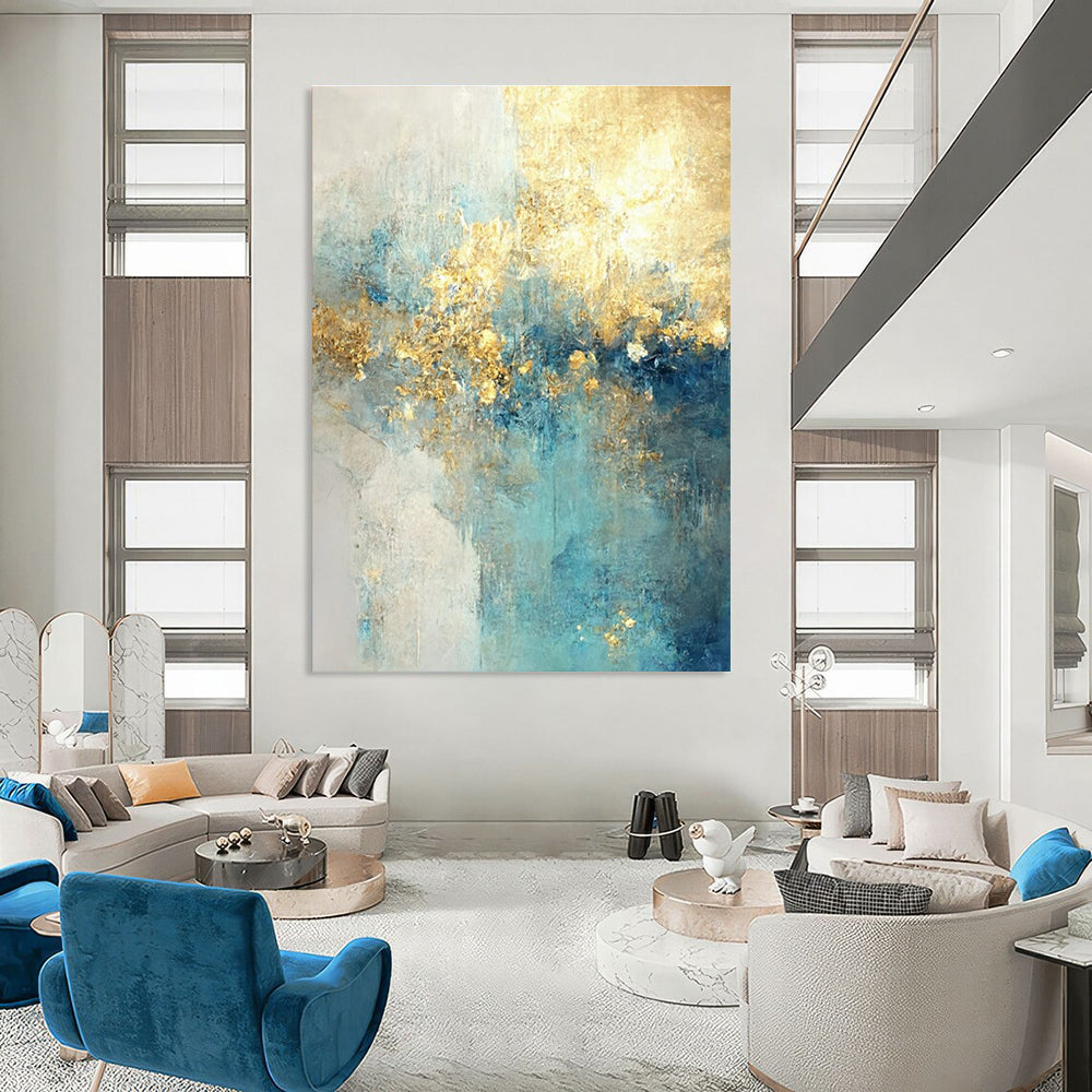 Light Blue and Gold Abstract Painting with Ethereal Textures ADGE077
