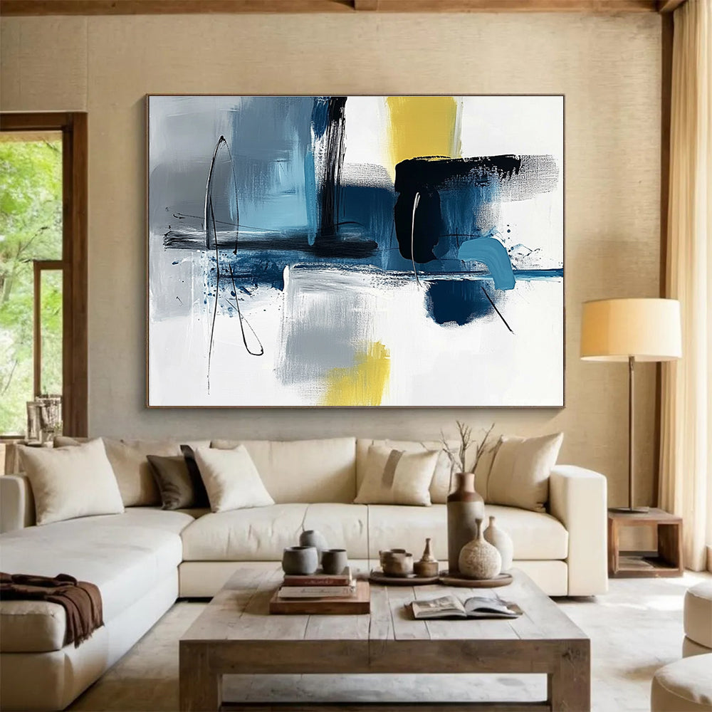 Blue Grey and Yellow Abstract Painting with Dynamic Brushstrokes DYP194