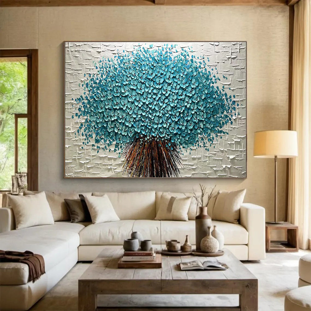 Blue Flower Tree Abstract Painting with Blue, Green, and Brown Tones THY213