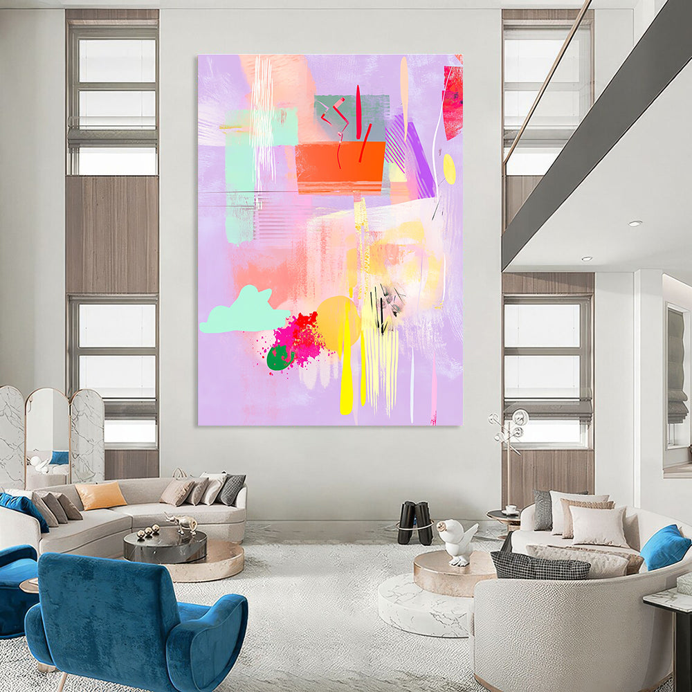 Large abstract painting featuring pastel shapes and textures with clouds flowers and musical notes on a light purple background adding depth and spaciousness.STSC546