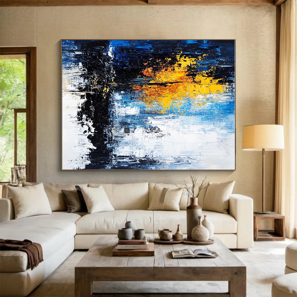 Blue and Yellow Abstract Painting with a Symbolic Tree GER398