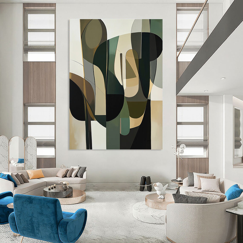 Large abstract painting featuring organic shapes in green beige and white with hints of navy blue and mustard yellow, evoking depth and human-like forms.STSC794