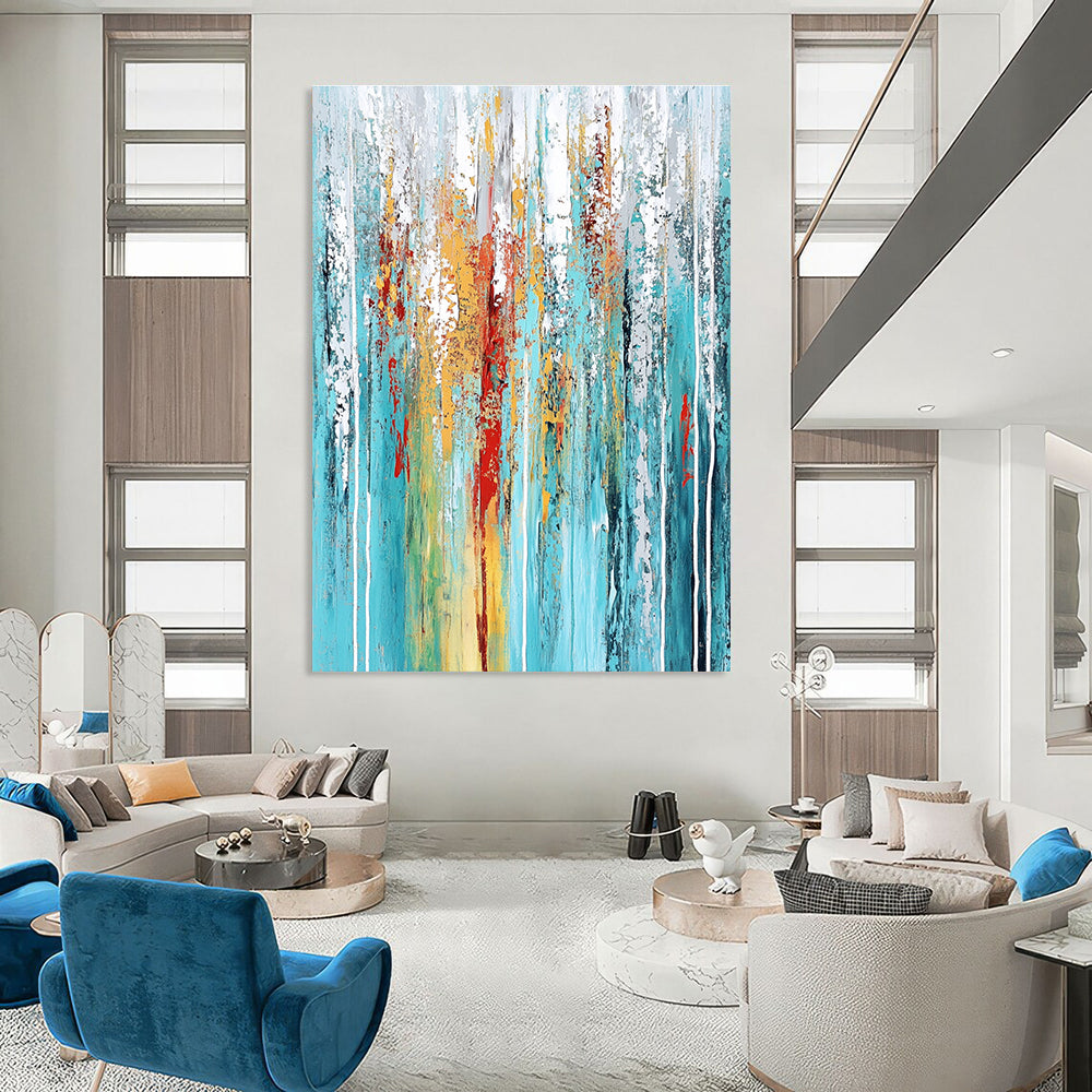 Large abstract painting featuring textured layers in teal aqua blue white gray red yellow green with dynamic streaks and vertical lines.STSC374