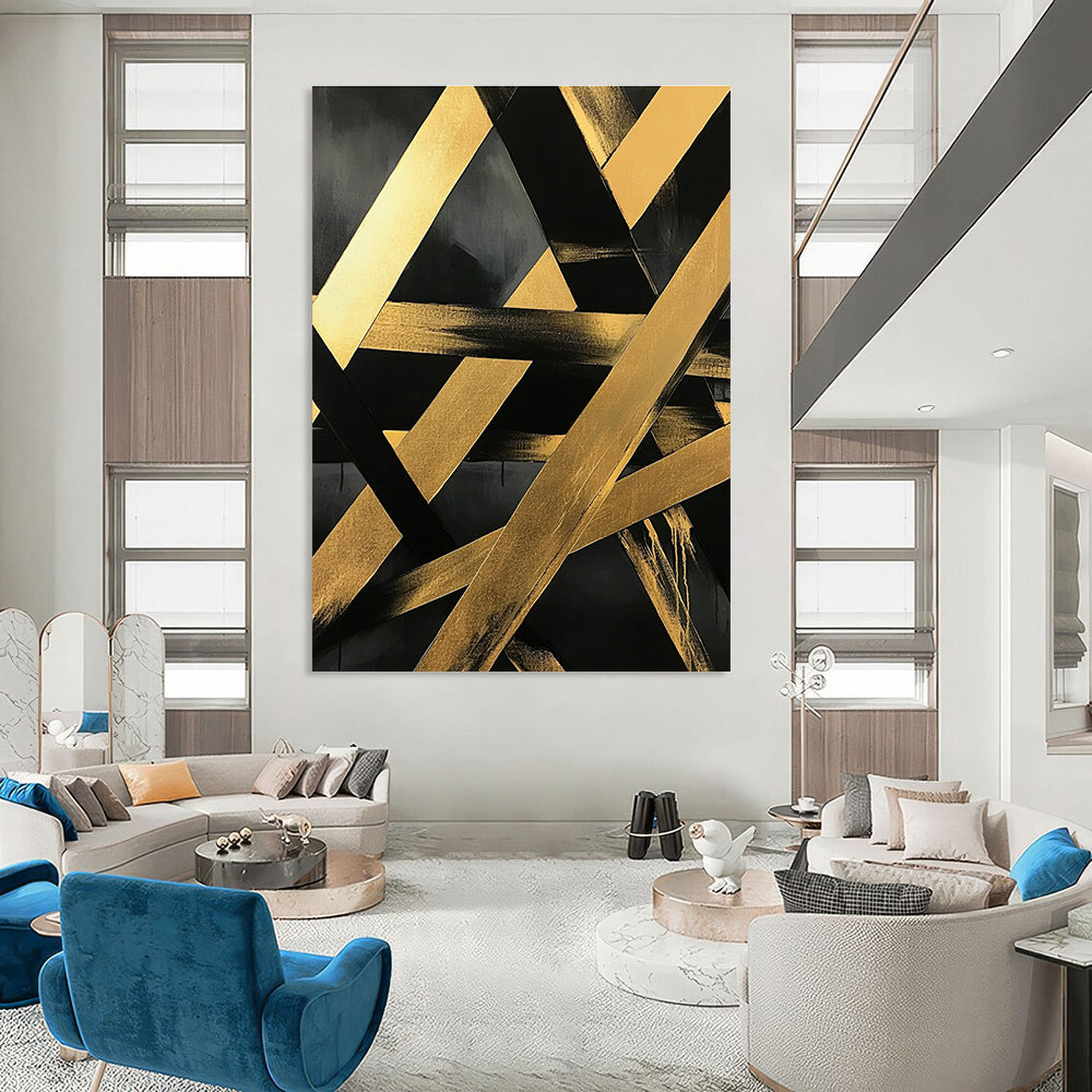 Large abstract painting featuring gold and black diagonal lines on a dark gray background with textured brushstrokes and intertwined golden metal beams.STSC1129