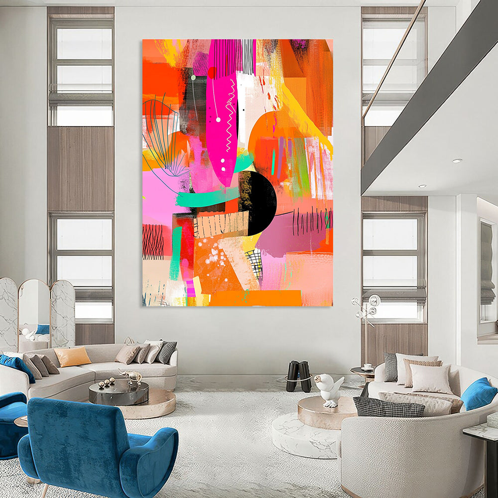 A large abstract painting featuring vibrant pink orange yellow green and black hues with dynamic shapes textures and patterns for modern decor.STSC1222