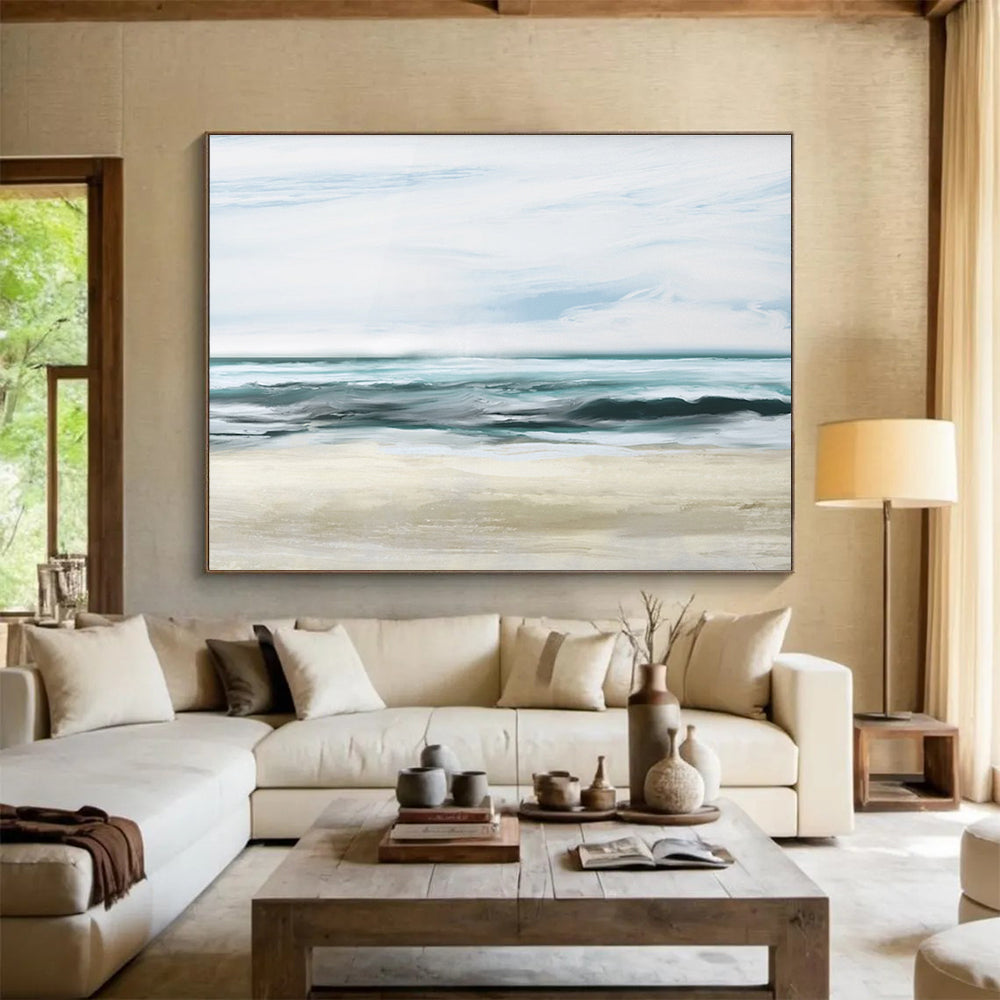 Calm Sea Abstract Painting with Blue and Beige Tones THY128
