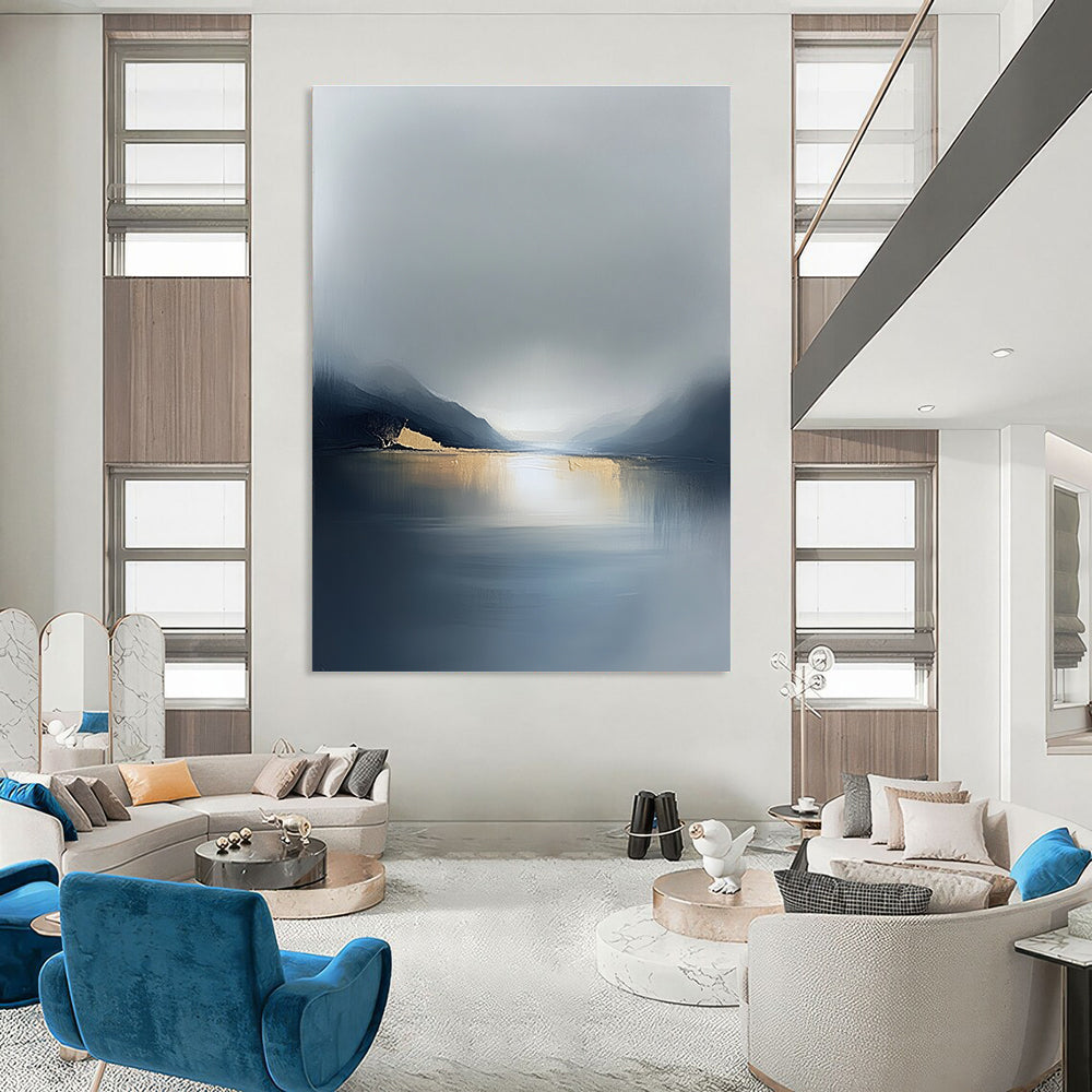 Large abstract painting in soft gray tones with gold accents evoking serene solitude and reflection on life's vast journey across a misty sea.STSC088