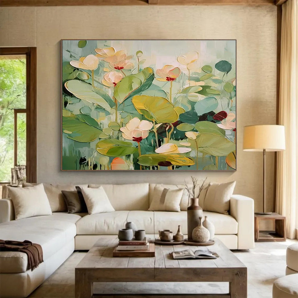 Green and Pink Tones Lotus - themed Abstract Painting THY088
