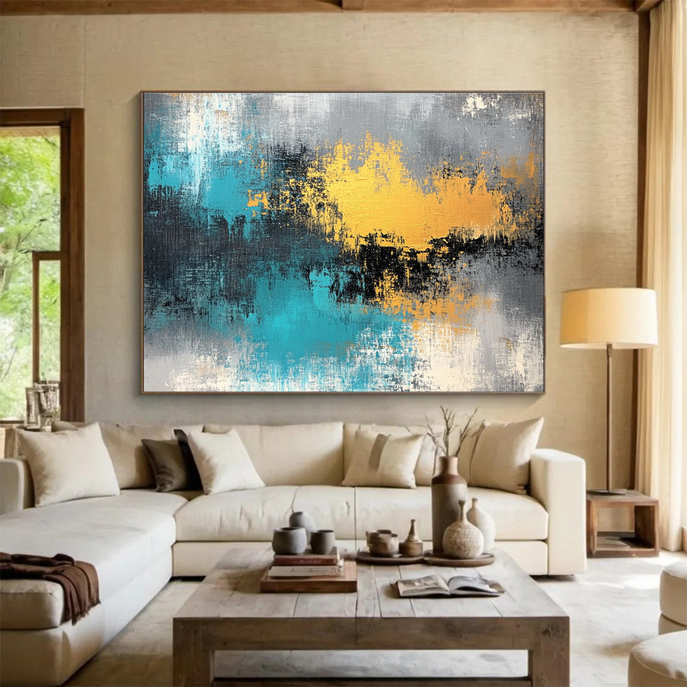 Blue and Gold Abstract Painting with Textured Brushstrokes DYP419