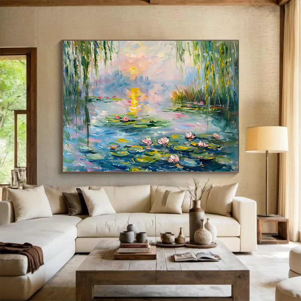 Water Lily Pond Abstract Painting with Pink, Green, and Blue Tones THY194