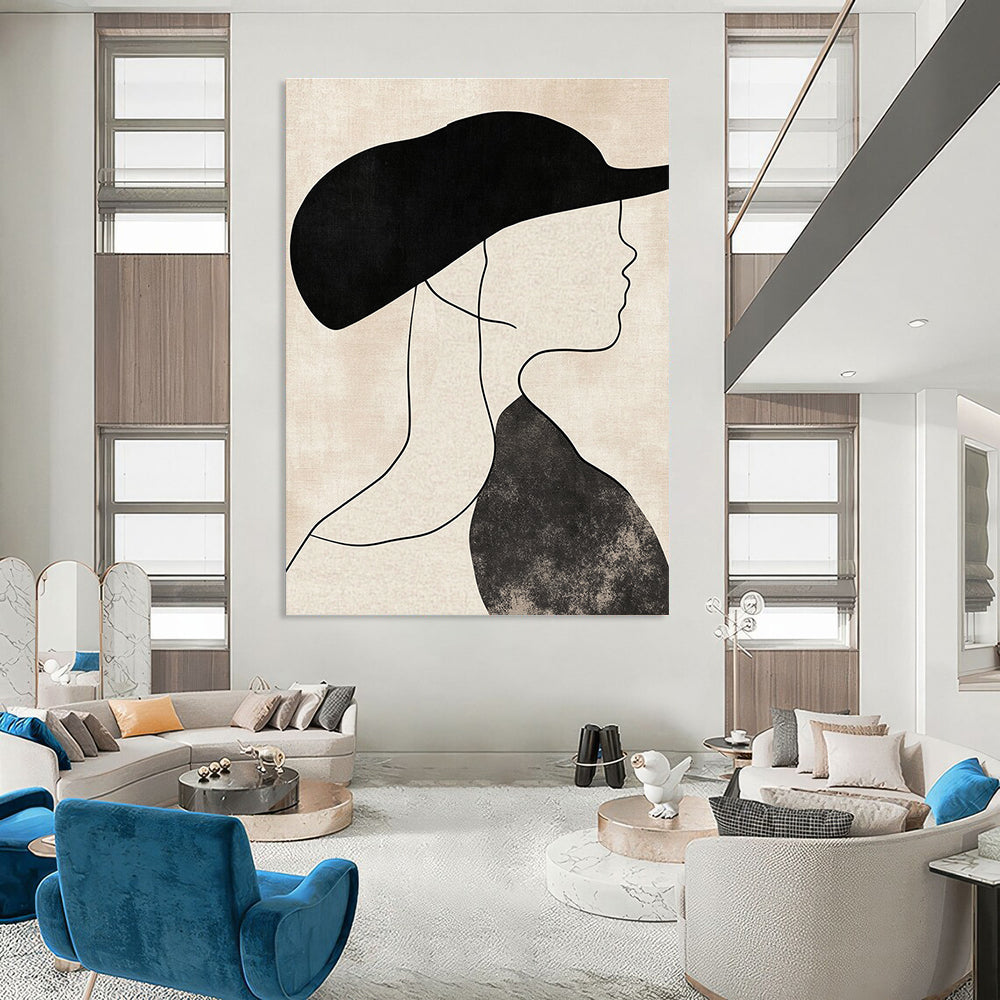 Abstract art depicting a woman's profile in a hat with neutral shapes thick lines and a beige background in black and white tones.STSC1333